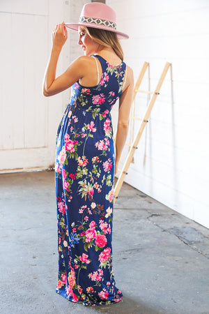 Navy Floral Sleeveless Pocketed Maxi Dress