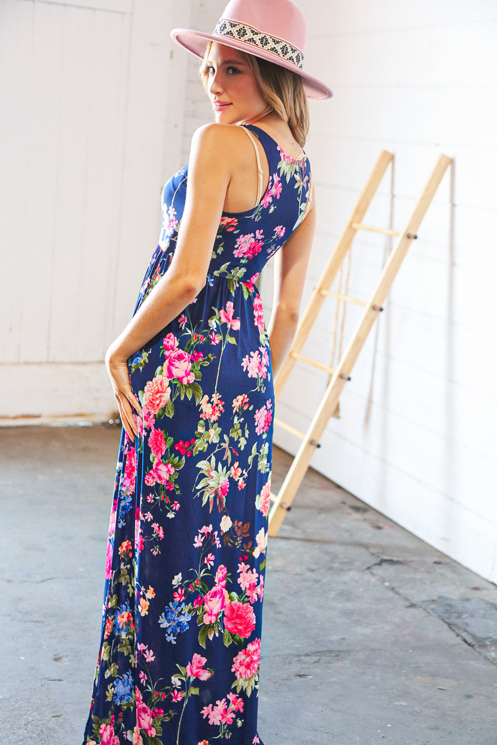 Navy Floral Sleeveless Pocketed Maxi Dress