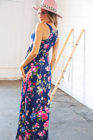 Navy Floral Sleeveless Pocketed Maxi Dress