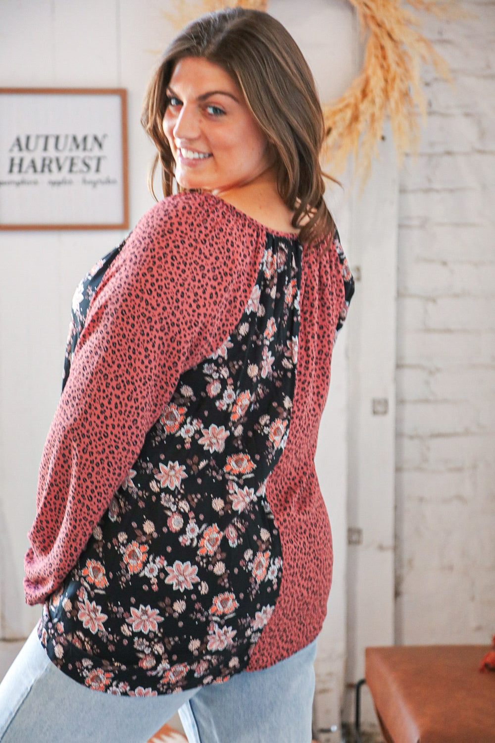 Burgundy Leopard and Floral Color Block Key Hole Top