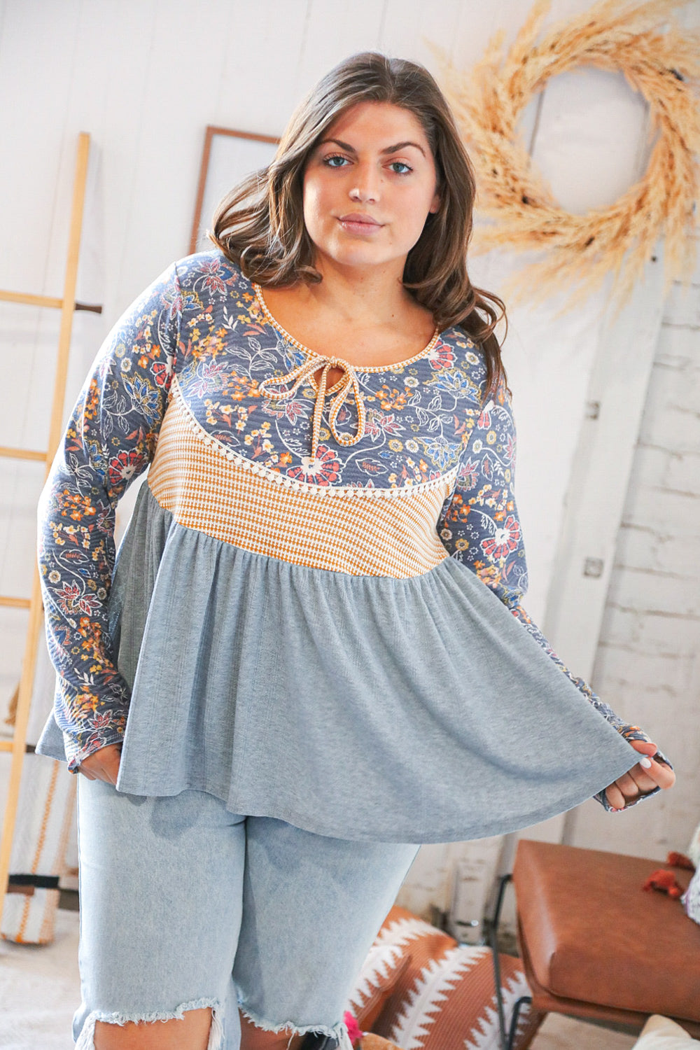 Grey & Rust Ethnic Floral Pointelle Pompom Lace Top