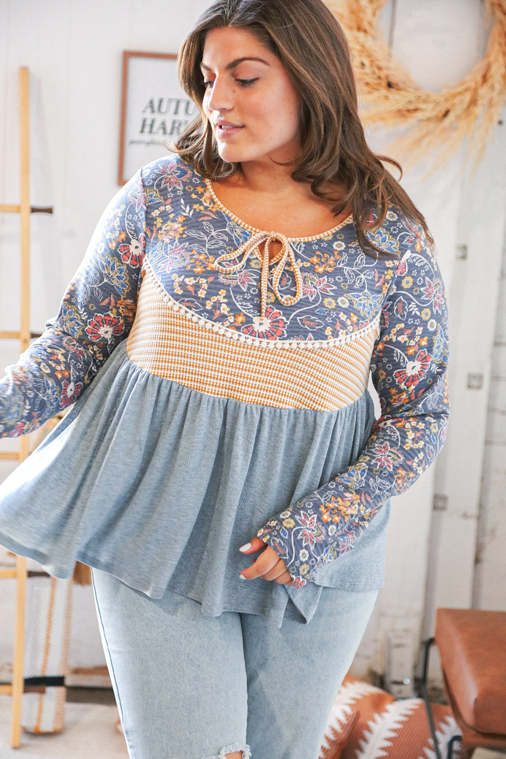 Grey & Rust Ethnic Floral Pointelle Pompom Lace Top