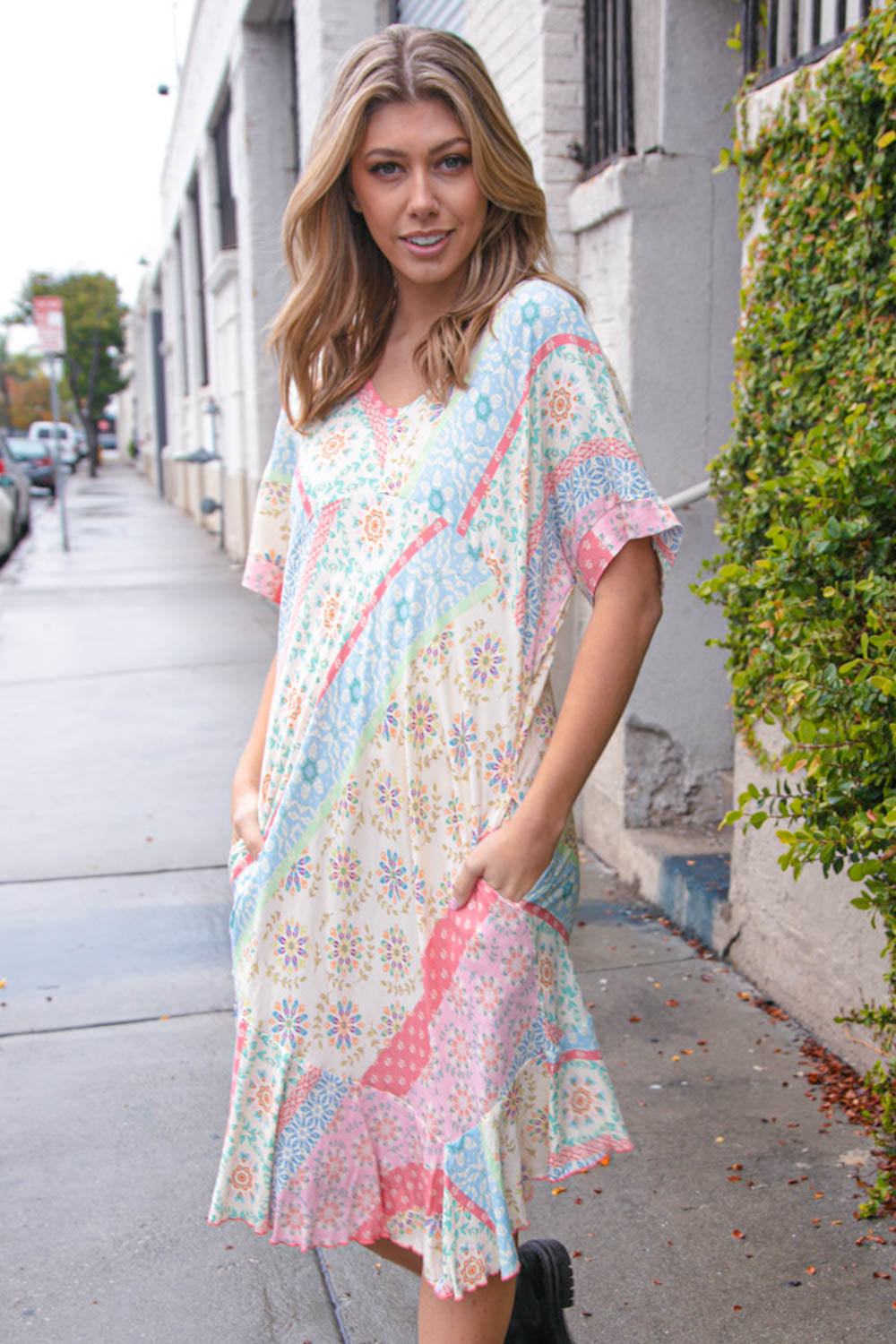 Dolman Boho Patchwork Asymmetrical Pocketed Dress