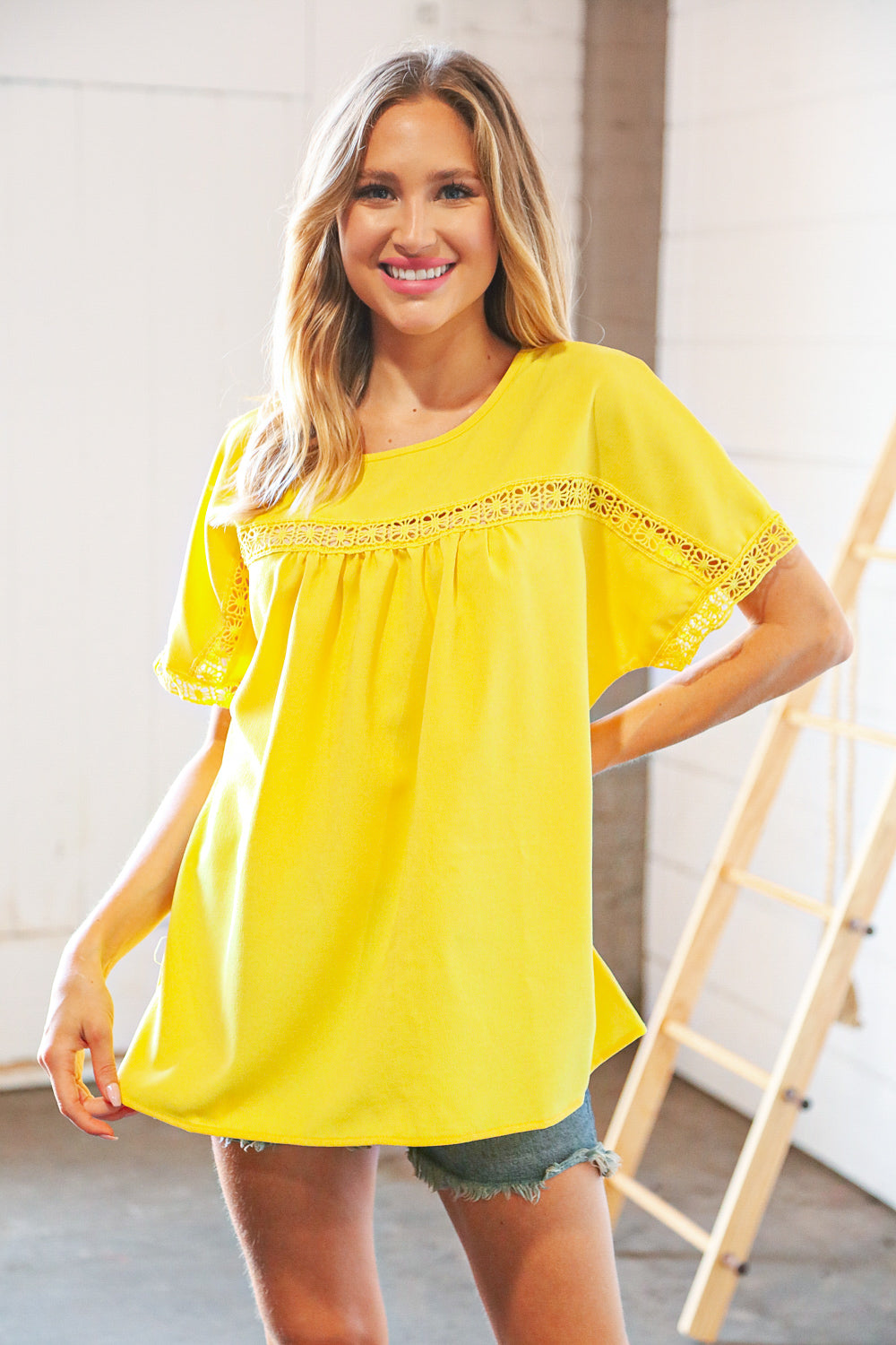 Yellow Crochet Lace Yoke Dolman Woven Top