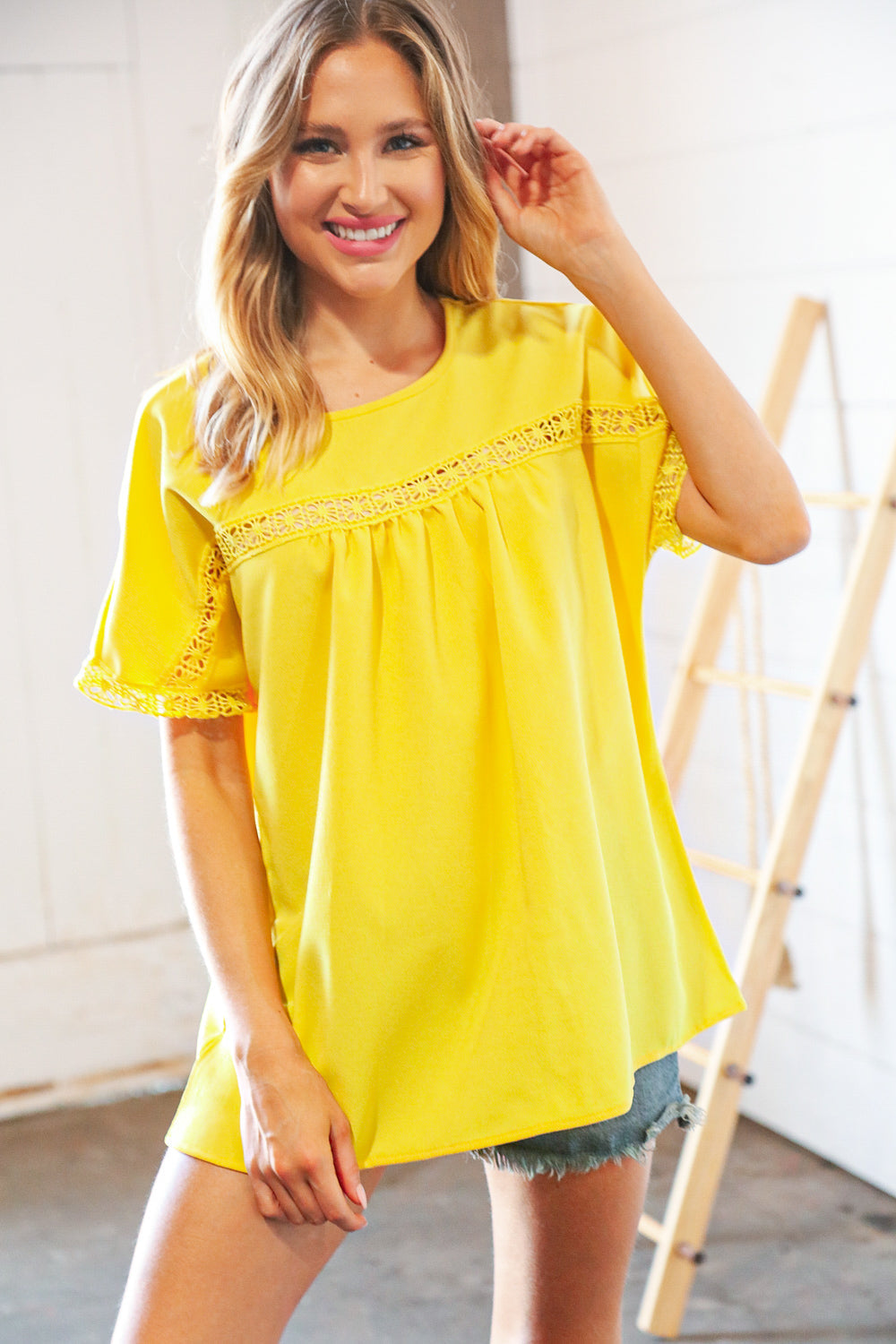 Yellow Crochet Lace Yoke Dolman Woven Top