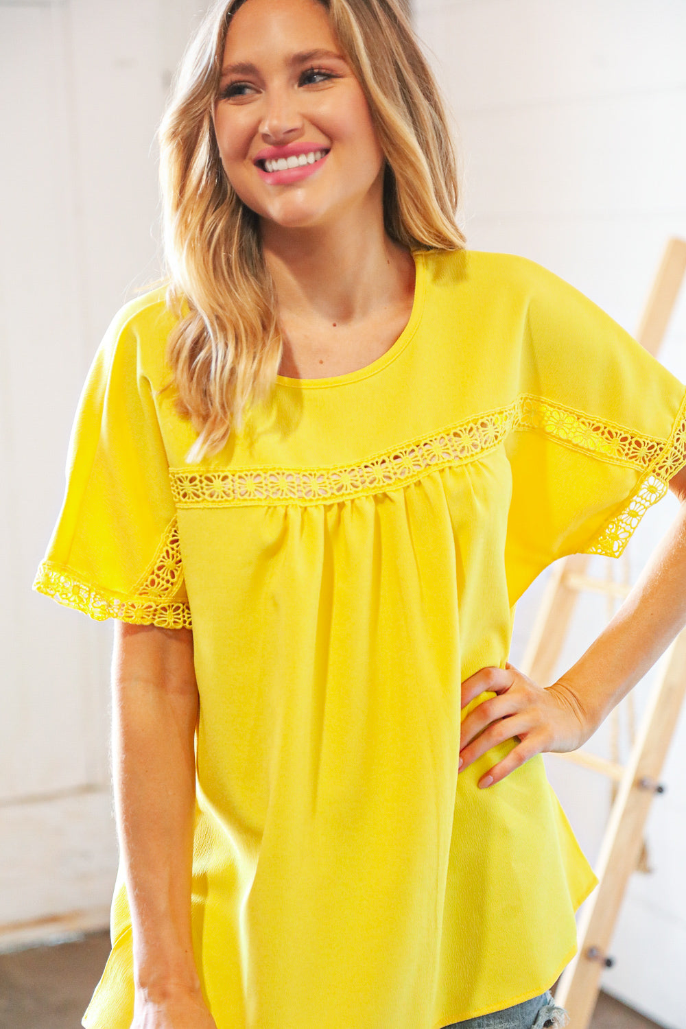 Yellow Crochet Lace Yoke Dolman Woven Top