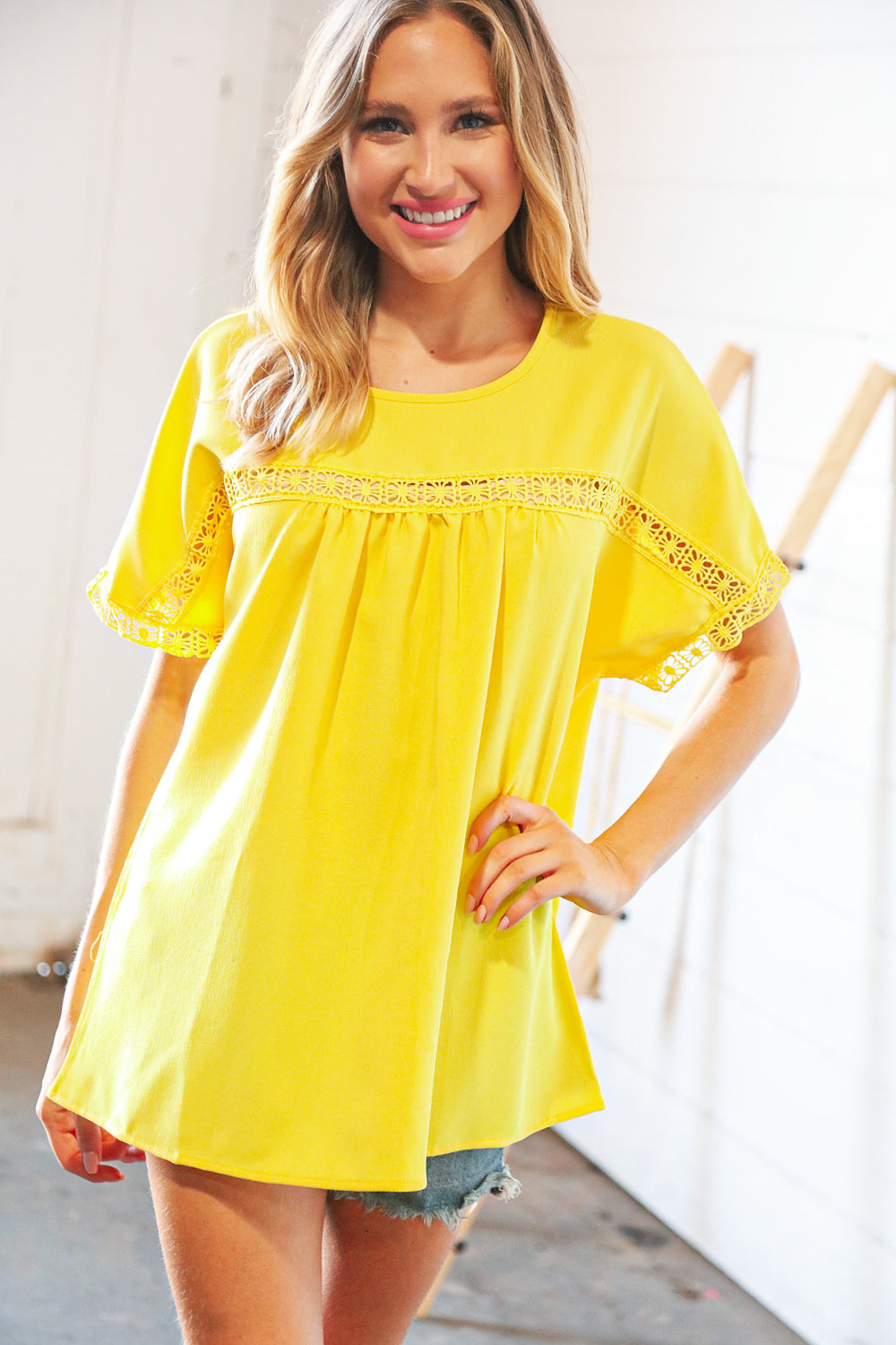 Yellow Crochet Lace Yoke Dolman Woven Top