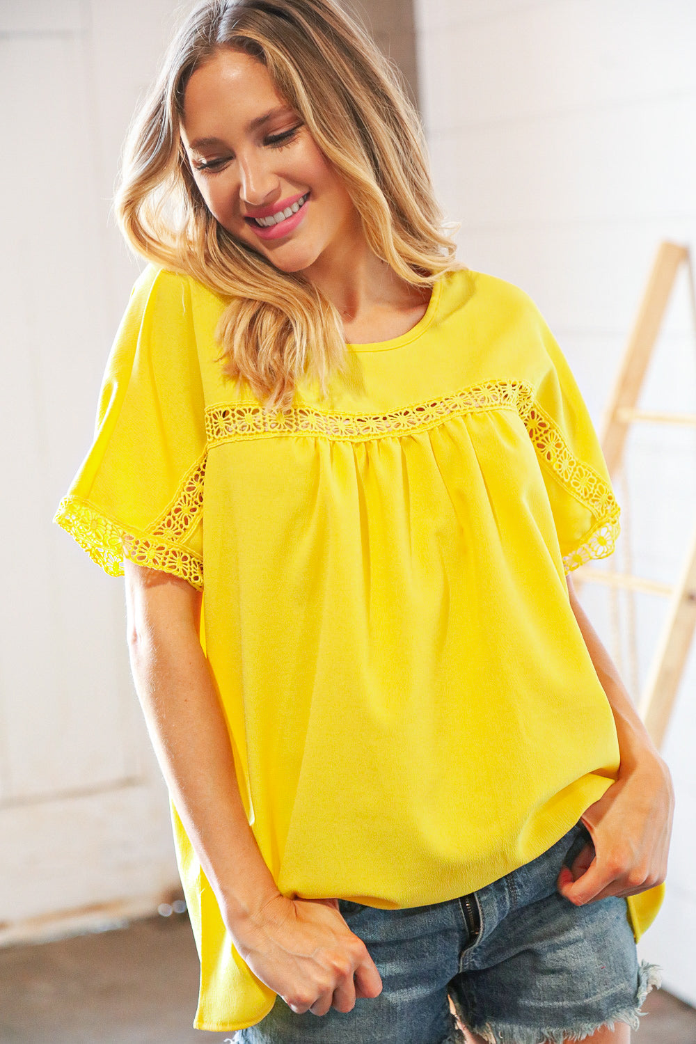 Yellow Crochet Lace Yoke Dolman Woven Top