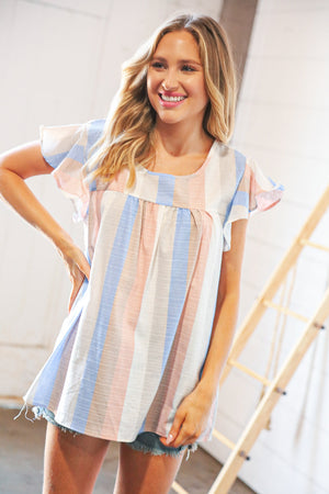 Grey Blue Linen Vertical Stripe Ruffle Sleeve Top