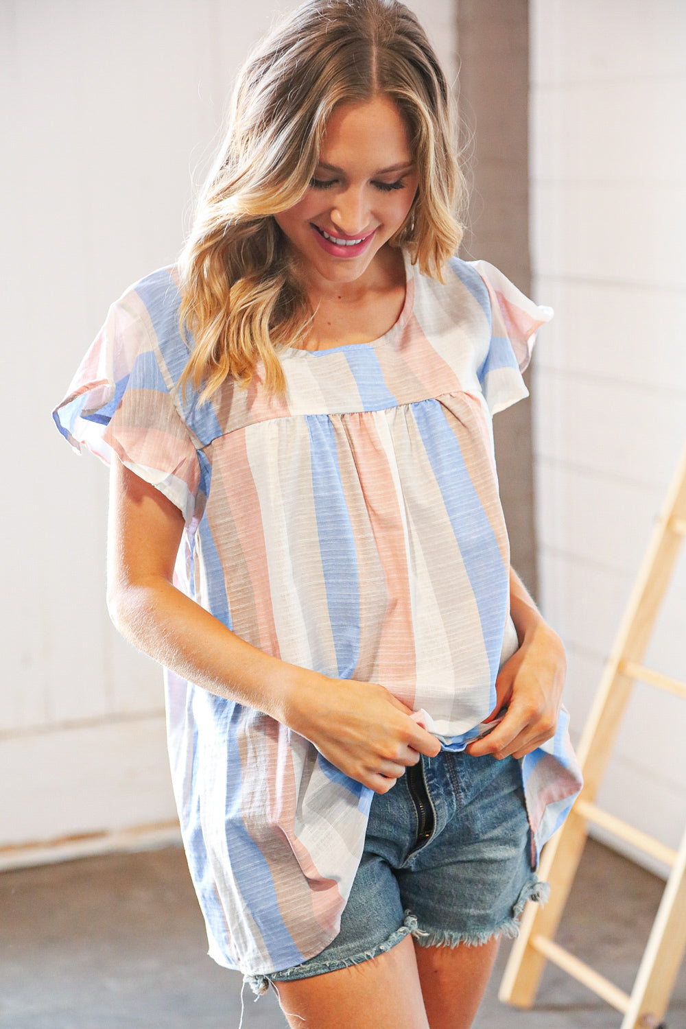 Grey Blue Linen Vertical Stripe Ruffle Sleeve Top