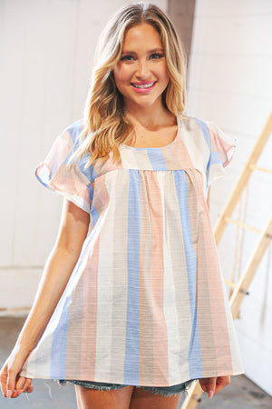 Grey Blue Linen Vertical Stripe Ruffle Sleeve Top