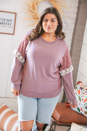 Mauve Ditzy Floral Bubble Sleeve Lace Trim PUllover