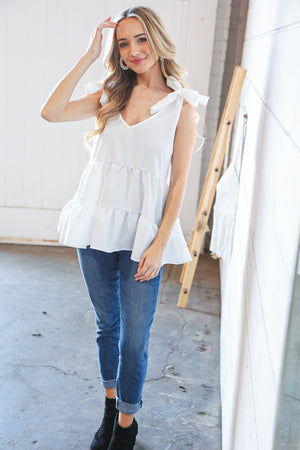 Linen Shoulder Tie Bow Tiered Woven Top