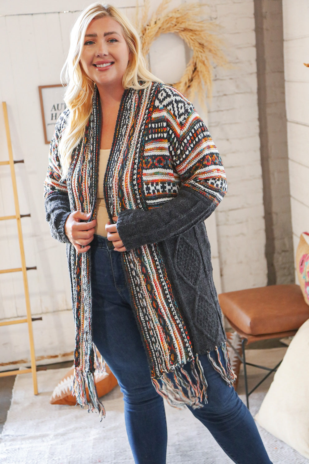 Charcoal Ethnic Fringe Tassel Open Midi Cardigan