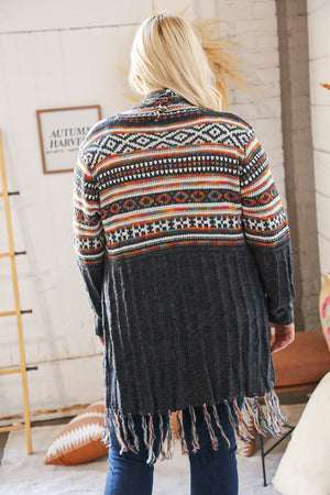 Charcoal Ethnic Fringe Tassel Open Midi Cardigan