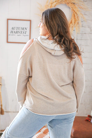 Beige Terry Cold Shoulder Cut-Edge Loose Knit Hoodie