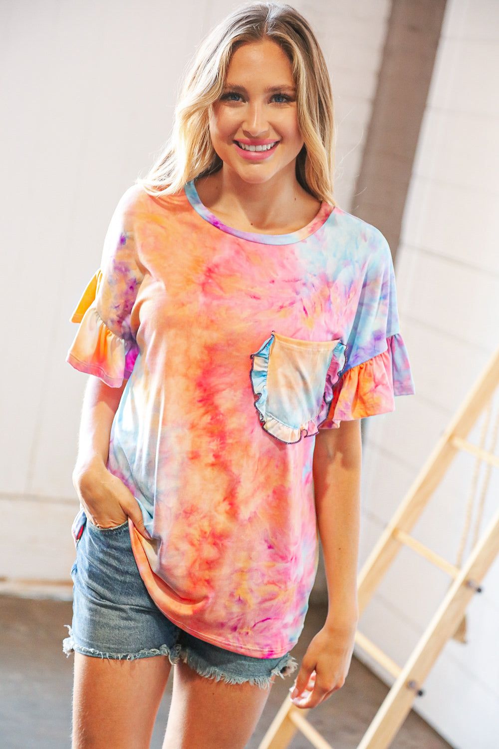 Peach Tie Dye Dolman Ruffle Top with Pocket