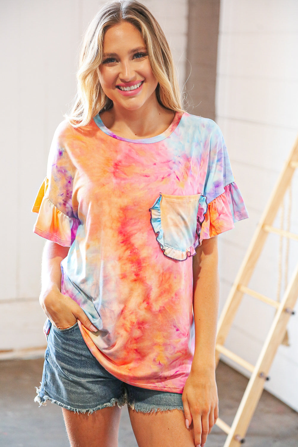 Peach Tie Dye Dolman Ruffle Top with Pocket