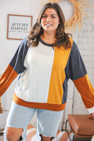 Mustard Cable Knit Hacci &  Jacquard Color Block Pullover