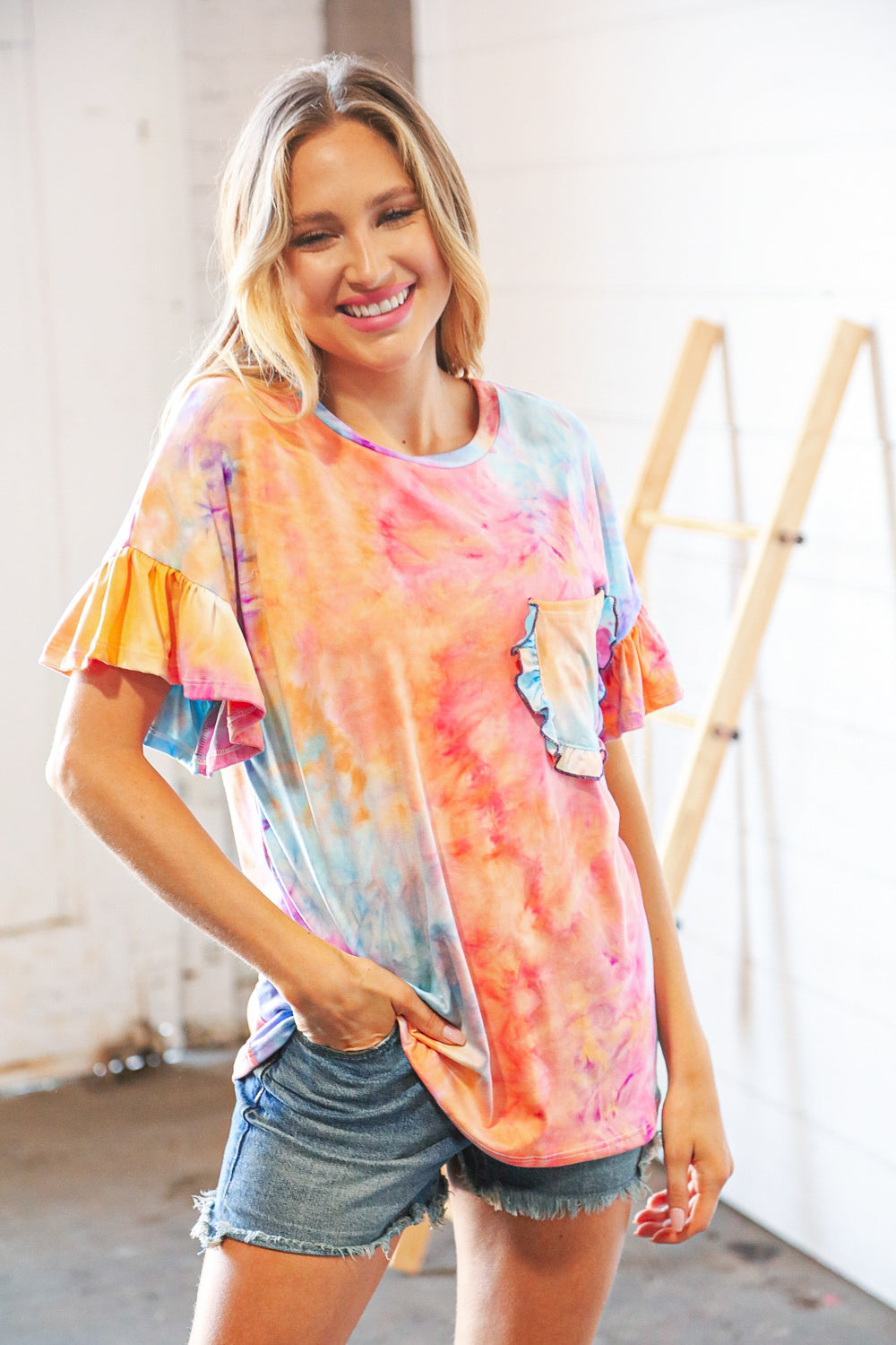 Peach Tie Dye Dolman Ruffle Top with Pocket