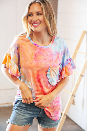 Peach Tie Dye Dolman Ruffle Top with Pocket