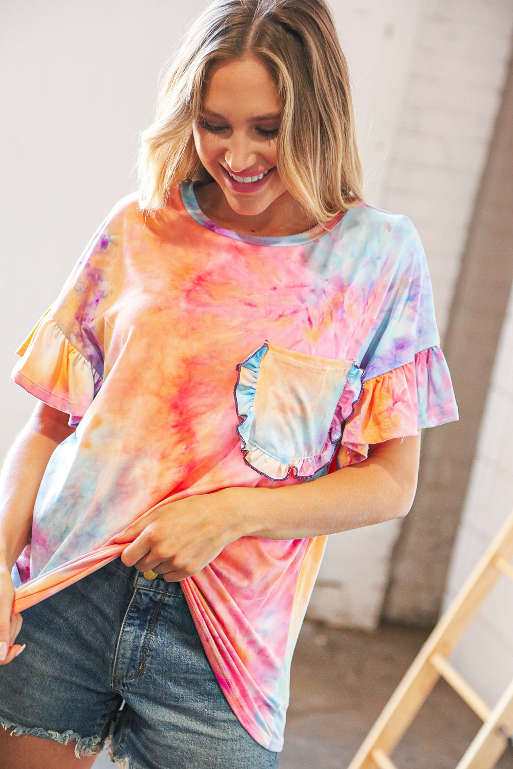 Peach Tie Dye Dolman Ruffle Top with Pocket