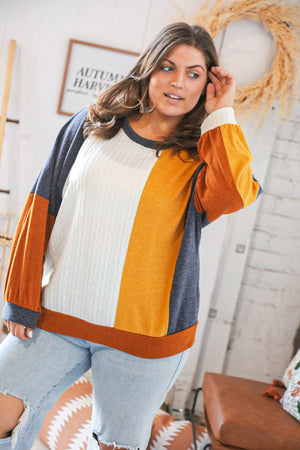 Mustard Cable Knit Hacci &  Jacquard Color Block Pullover