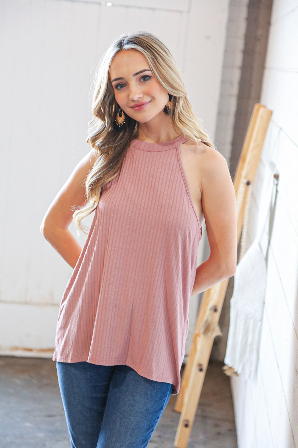 Dusty Rose Rayon Rib Halter Neck Tank Top