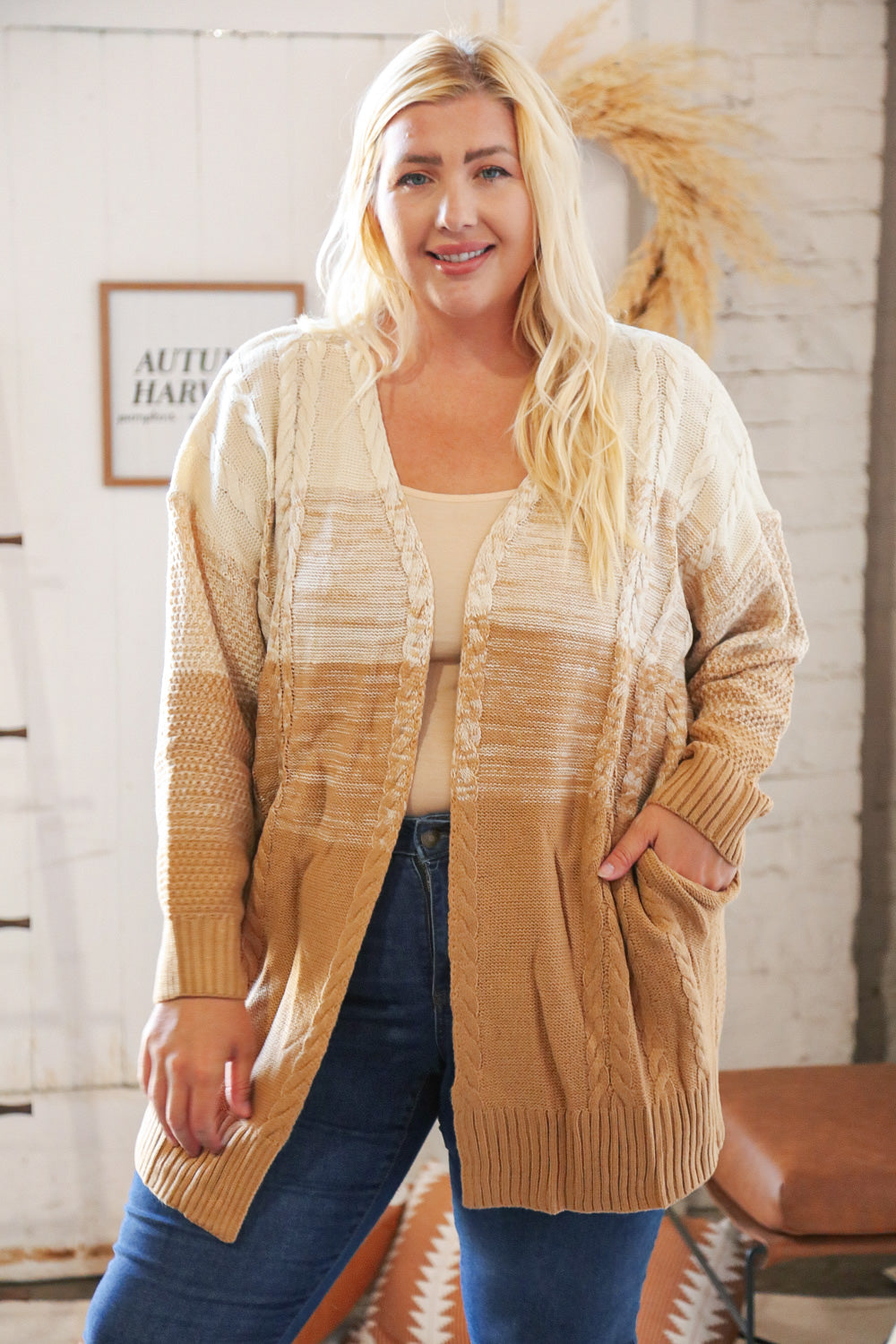 Caramel Ombre Cable Knit Open Cardigan