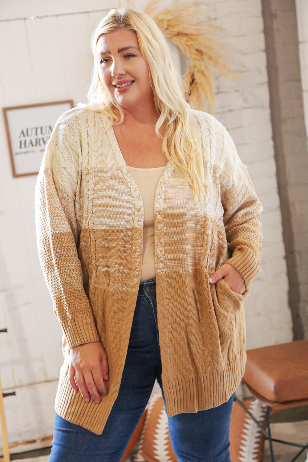 Caramel Ombre Cable Knit Open Cardigan