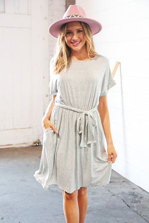 Grey/Cream Pin Stripe Elastic Waist Tie Band Dress