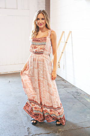 Boho Color Block Elastic Waist Ruffle Strap Maxi Dress