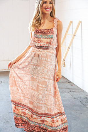 Boho Color Block Elastic Waist Ruffle Strap Maxi Dress