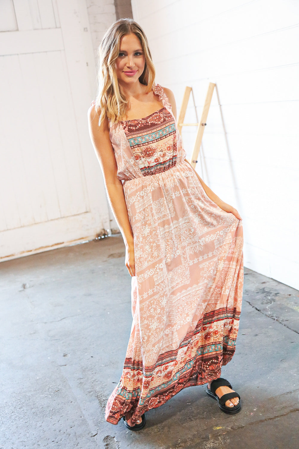 Boho Color Block Elastic Waist Ruffle Strap Maxi Dress