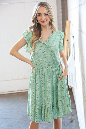 Mint Vertical Floral Print Surplice Ruffle Pocketed Dress