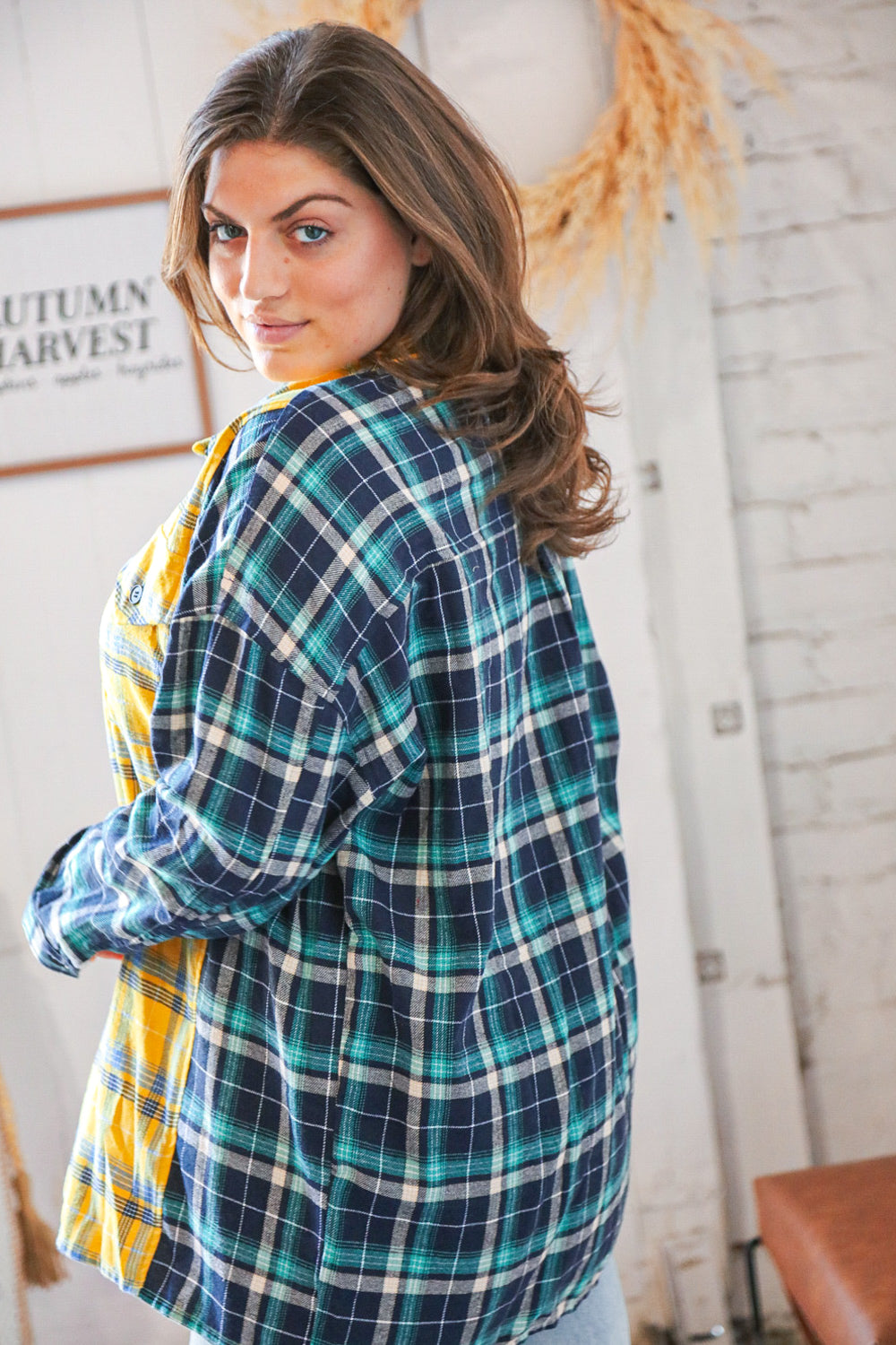 Pink Butterscotch & Navy Plaid Color Block Loose Fit Shirt