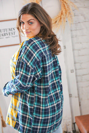 Pink Butterscotch & Navy Plaid Color Block Loose Fit Shirt