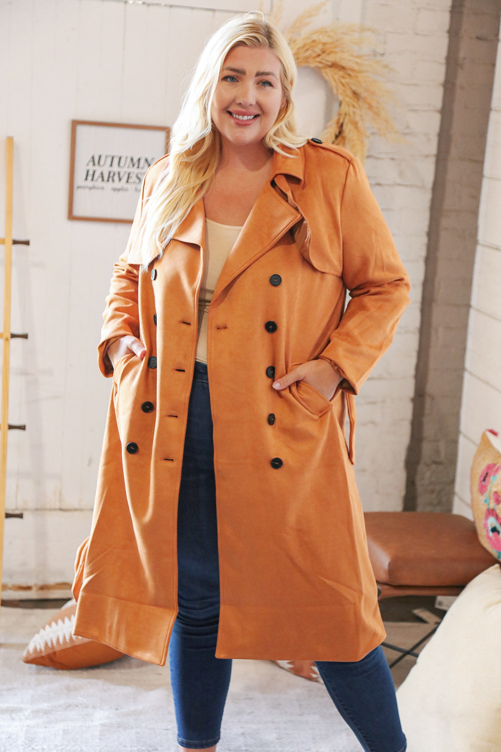 Rust Suede Double Breasted Belted Trench Coat