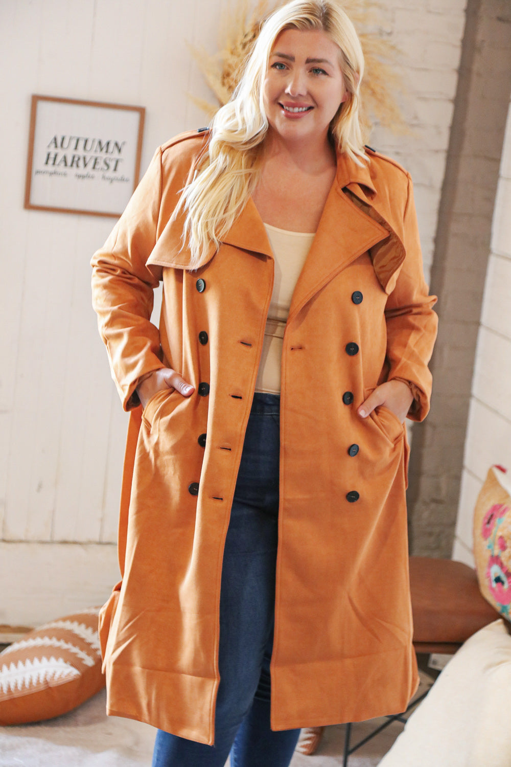 Rust Suede Double Breasted Belted Trench Coat