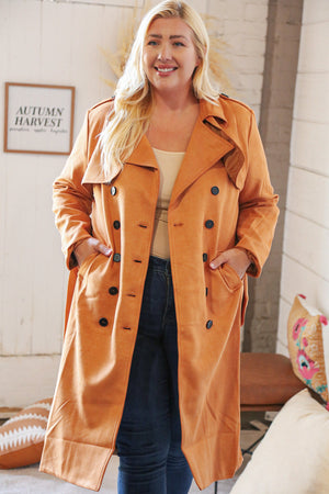 Rust Suede Double Breasted Belted Trench Coat