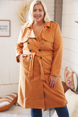 Rust Suede Double Breasted Belted Trench Coat