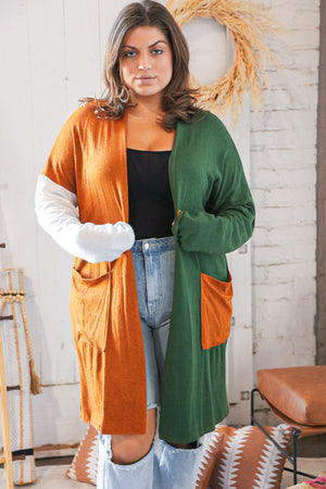 Rust/Hunter Green Hacci Color Block Pocketed Cardigan