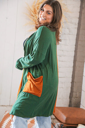 Rust/Hunter Green Hacci Color Block Pocketed Cardigan