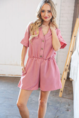 Dusty Rose Linen V Neck Button Detail Dolman Romper