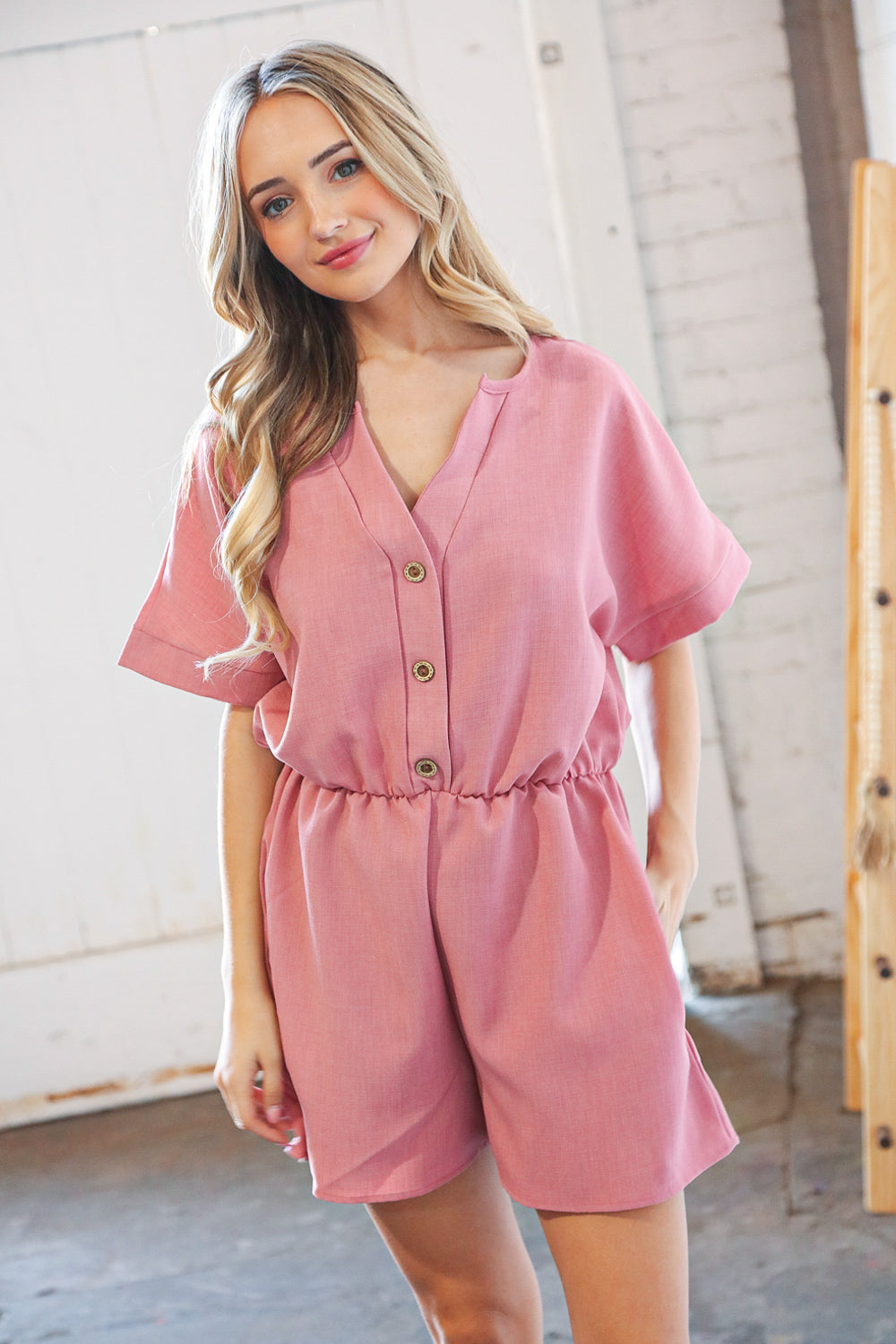 Dusty Rose Linen V Neck Button Detail Dolman Romper