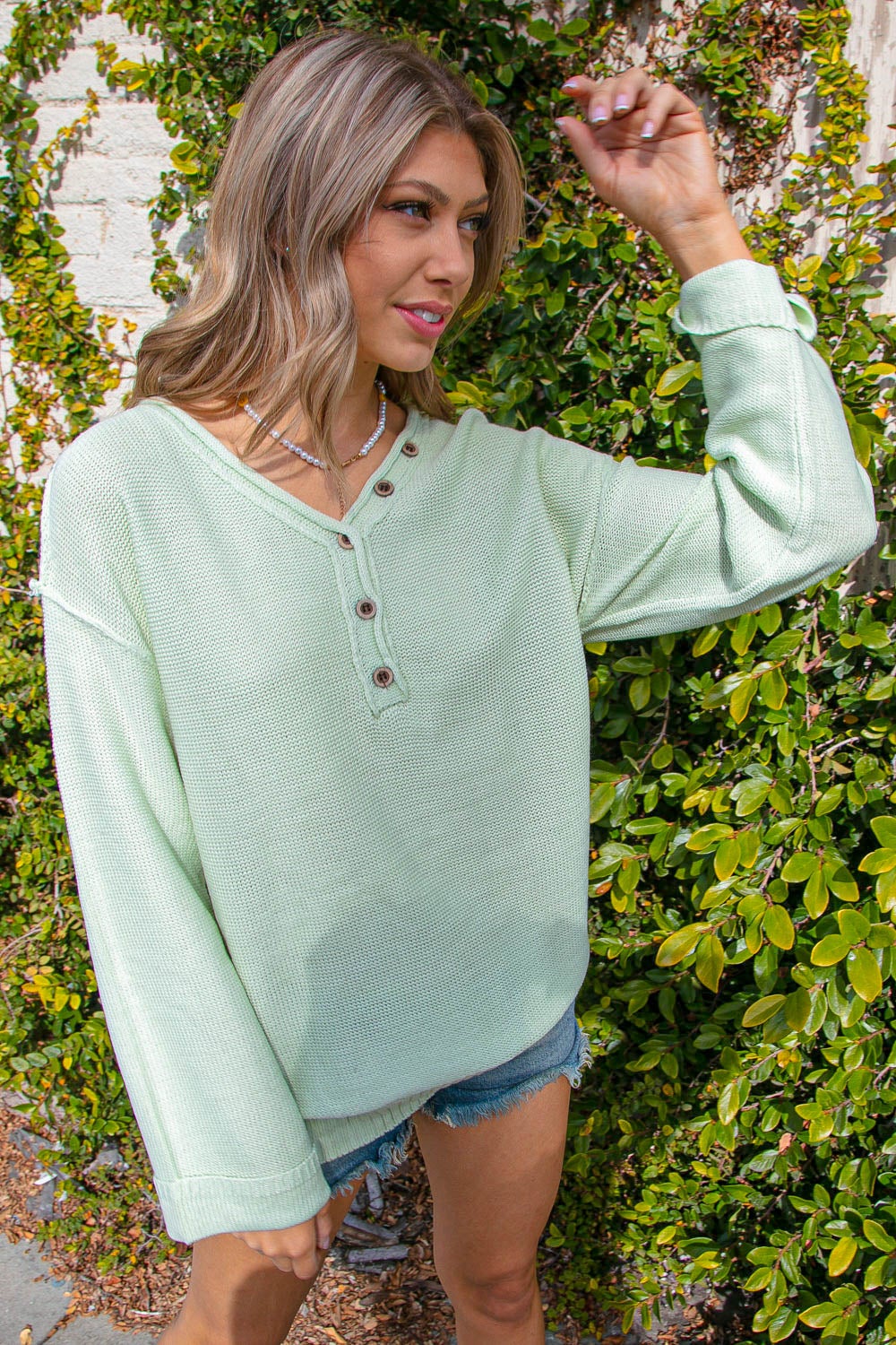 Mint V Neck Button Down Outseam Oversized Sweater