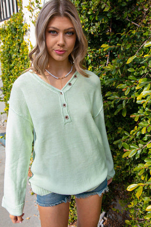 Mint V Neck Button Down Outseam Oversized Sweater