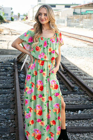 Sage/Coral Floral Print Ruffle Off-Shoulder Maxi Dress