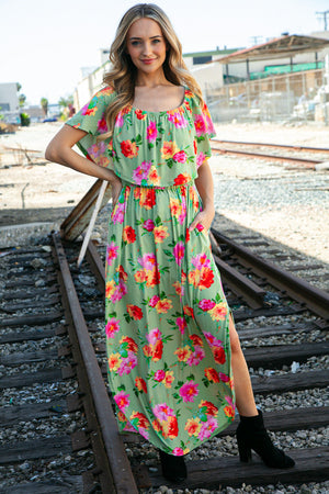 Sage/Coral Floral Print Ruffle Off-Shoulder Maxi Dress