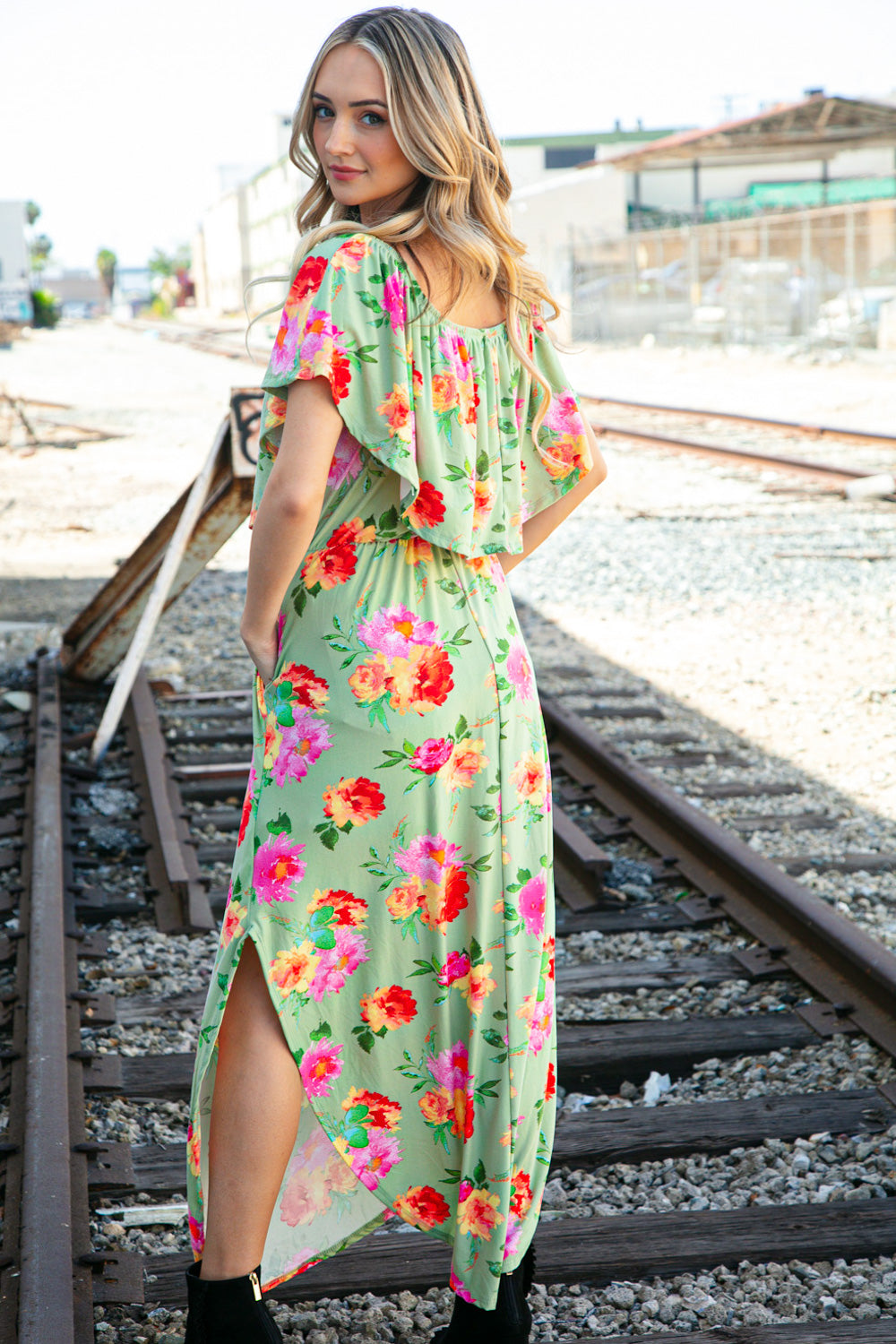 Sage/Coral Floral Print Ruffle Off-Shoulder Maxi Dress